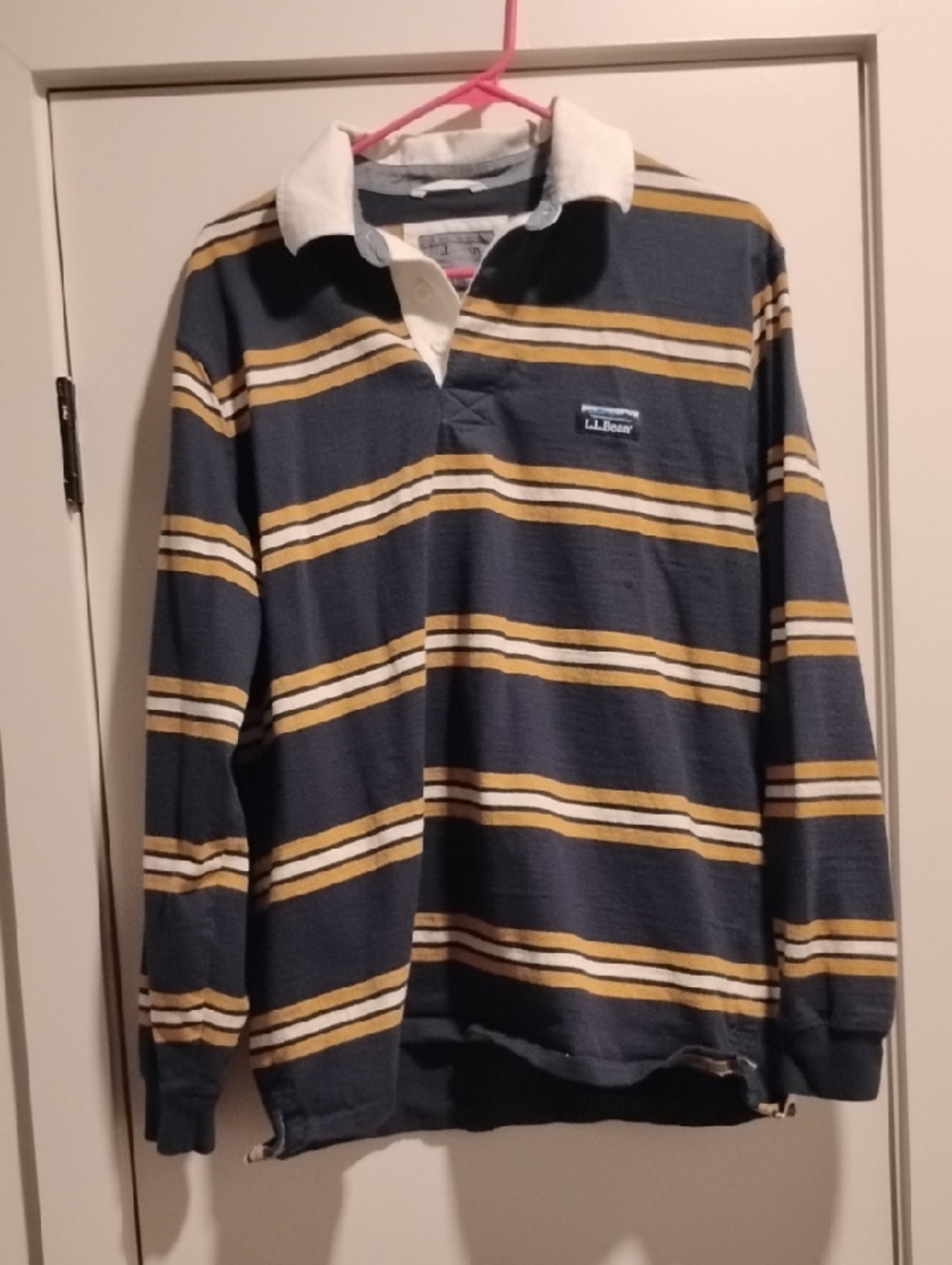 L.L. Bean Navy and White Striped Top with Yellow Accent